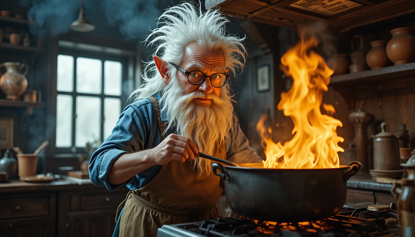 Chef gnome cuisinant sur une marmite enflammée dans une cuisine rustique