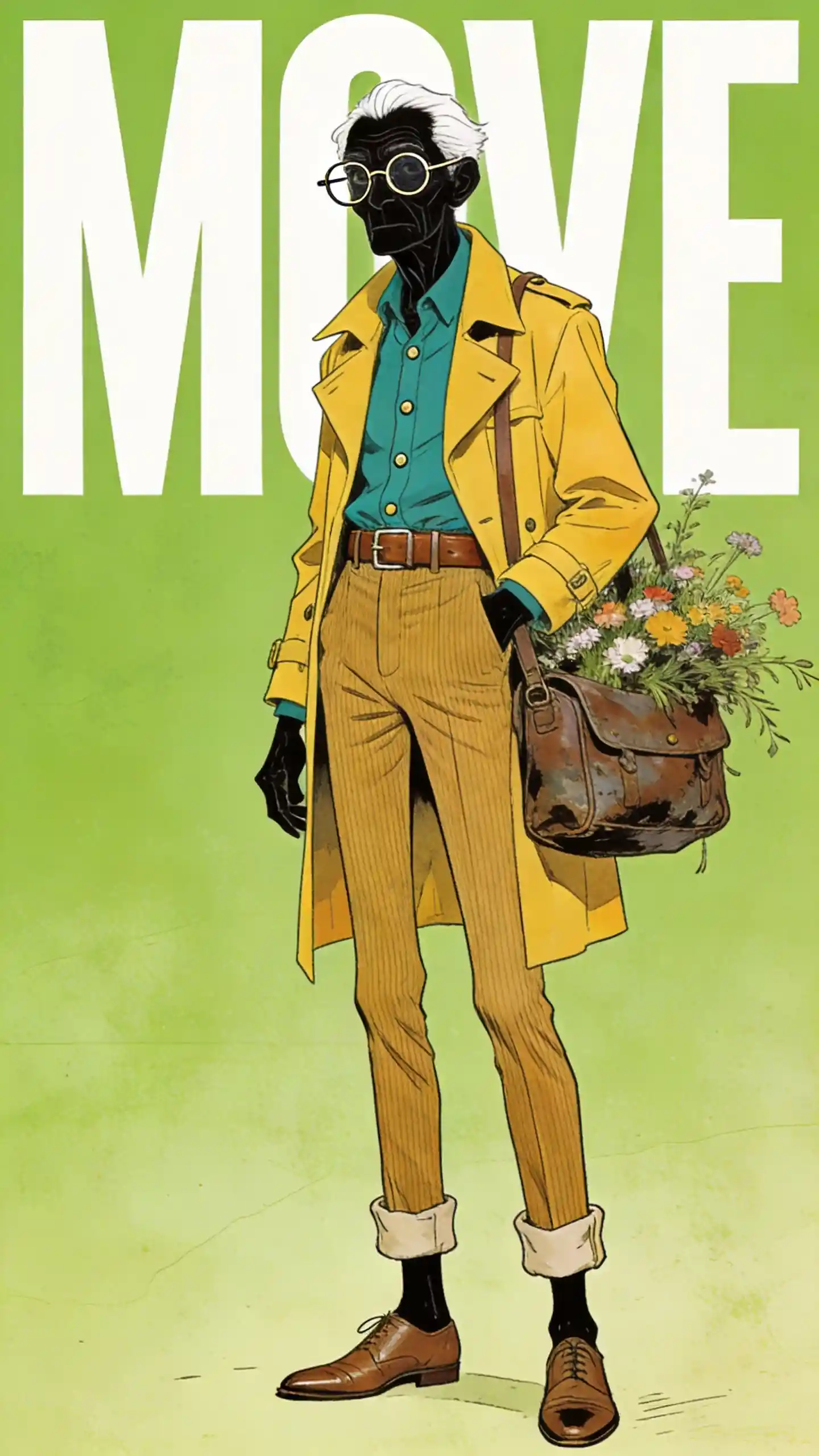 Elderly man in yellow coat carrying wildflowers illustration