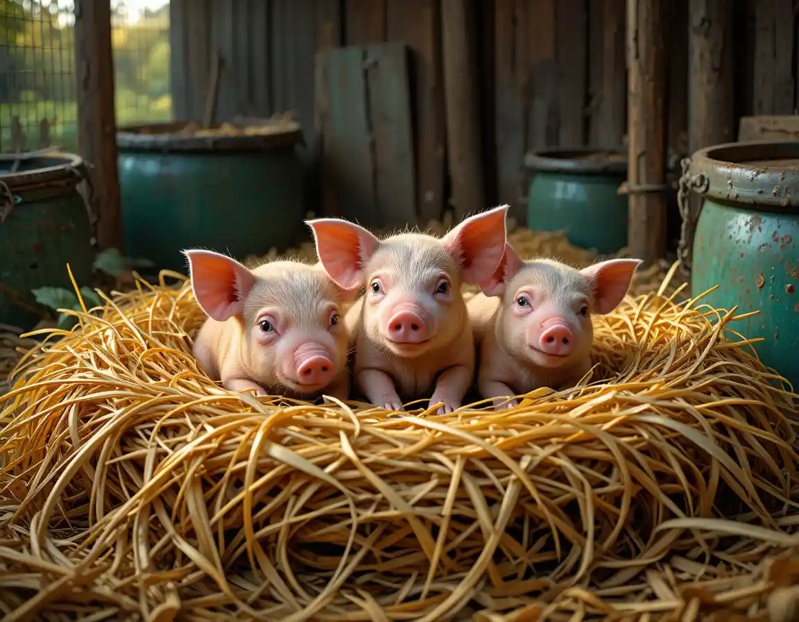 Three pink piglets resting in straw filled farm pen