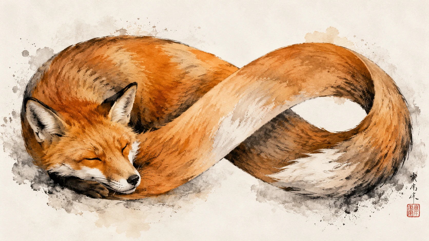 Schlafender Aquarellfuchs mit subtiler surrealer Illusion
