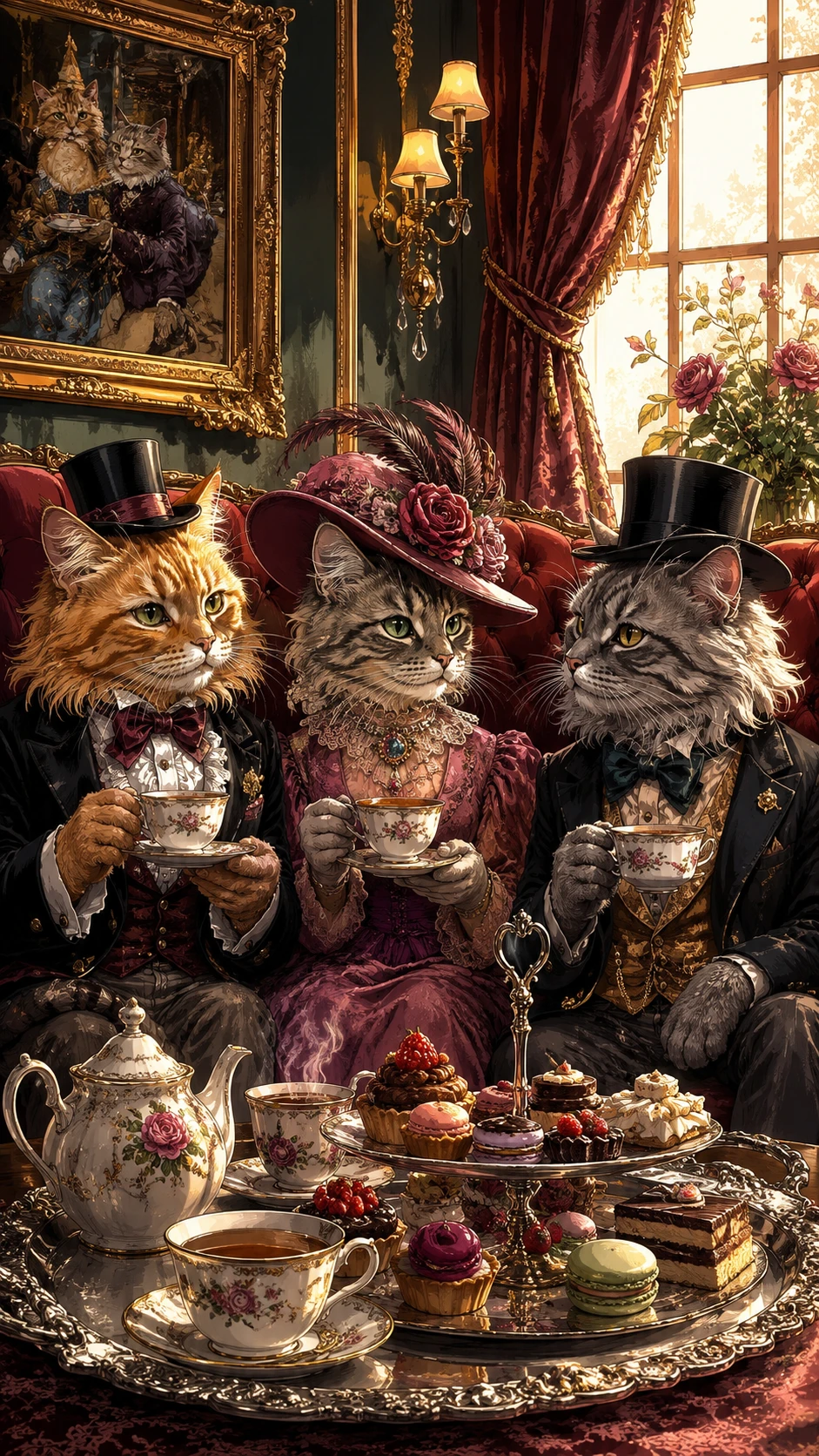Gatos antropomórficos compartilhando um elegante chá da tarde no sofá