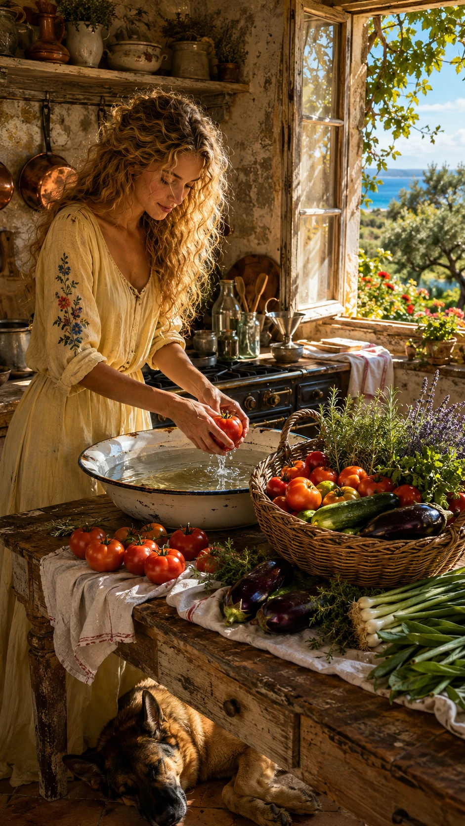 Mulher lavando legumes da horta em cozinha rústica de fazenda