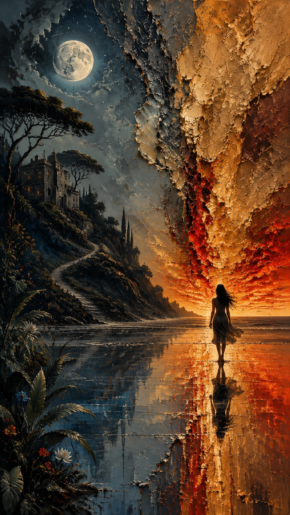 Woman running along surreal fractured shoreline at dusk