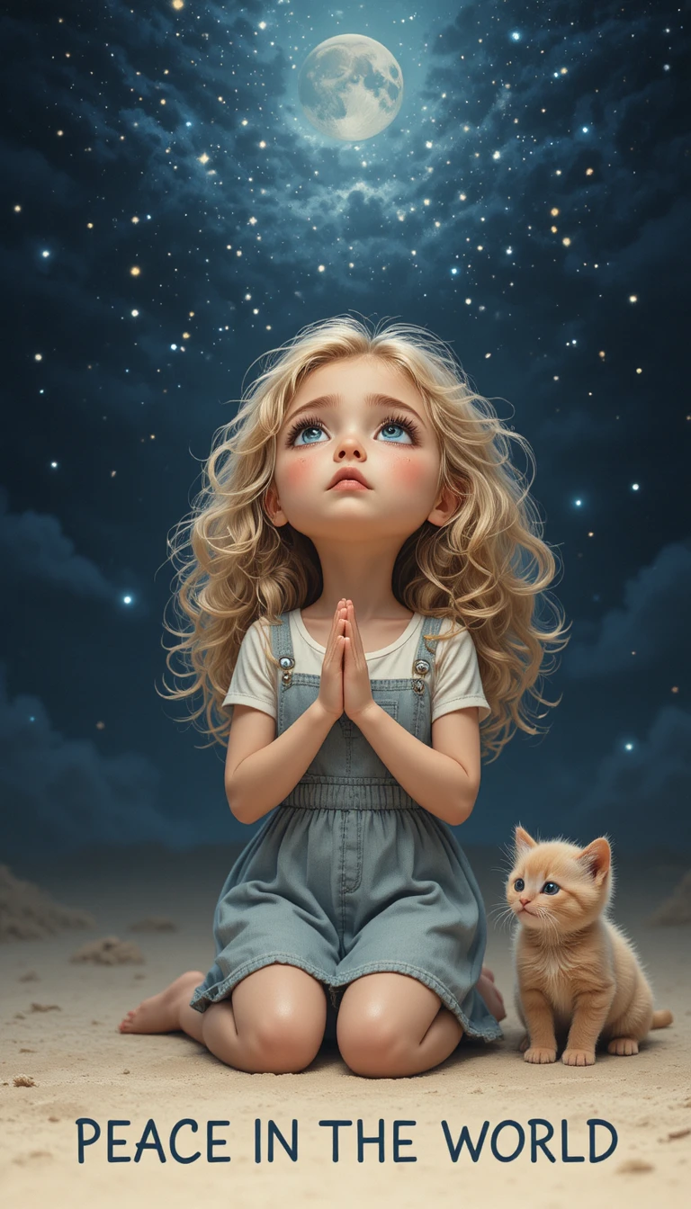 Menina triste rezando sob o silencioso céu noturno
