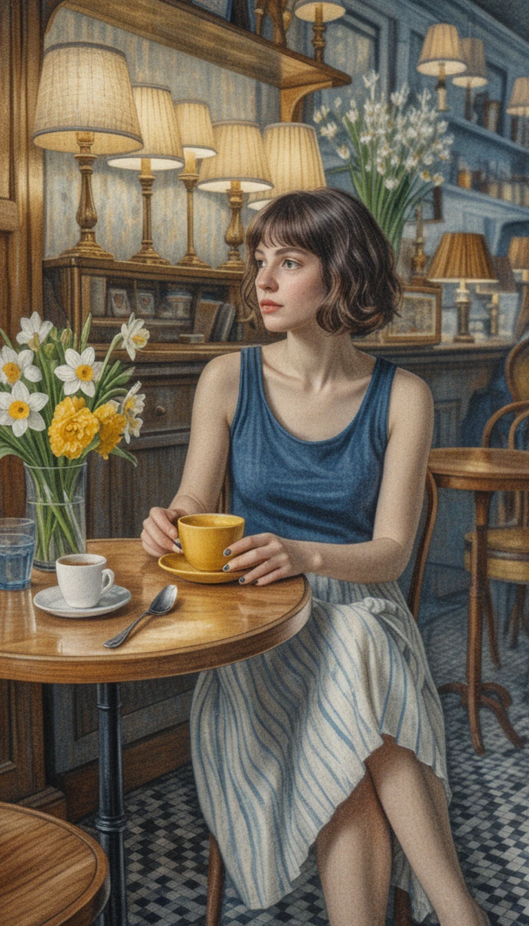 Desenho de mulher com café em um café vintage