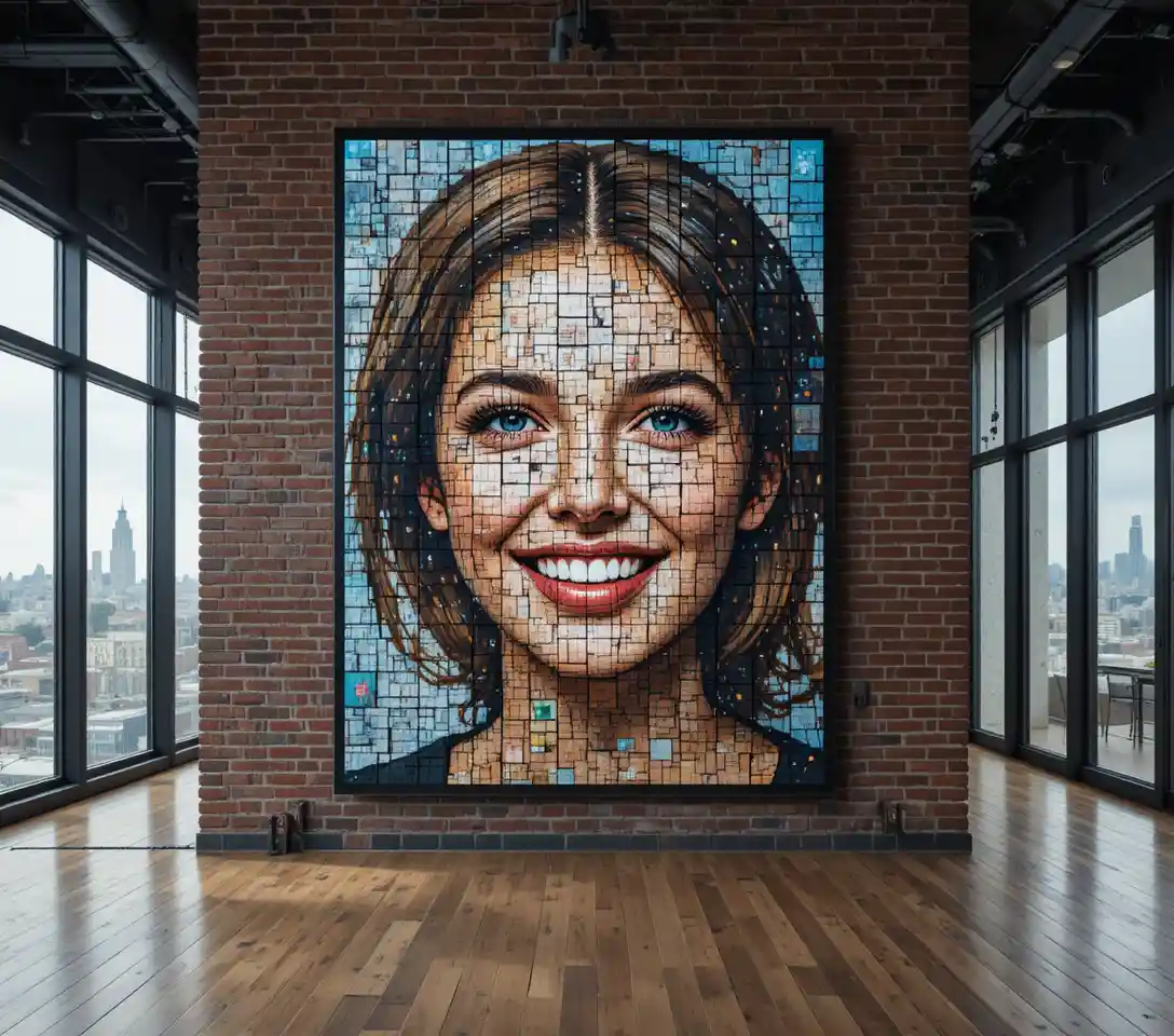 Ritratto a mosaico di una donna sorridente creato con telefoni luminosi