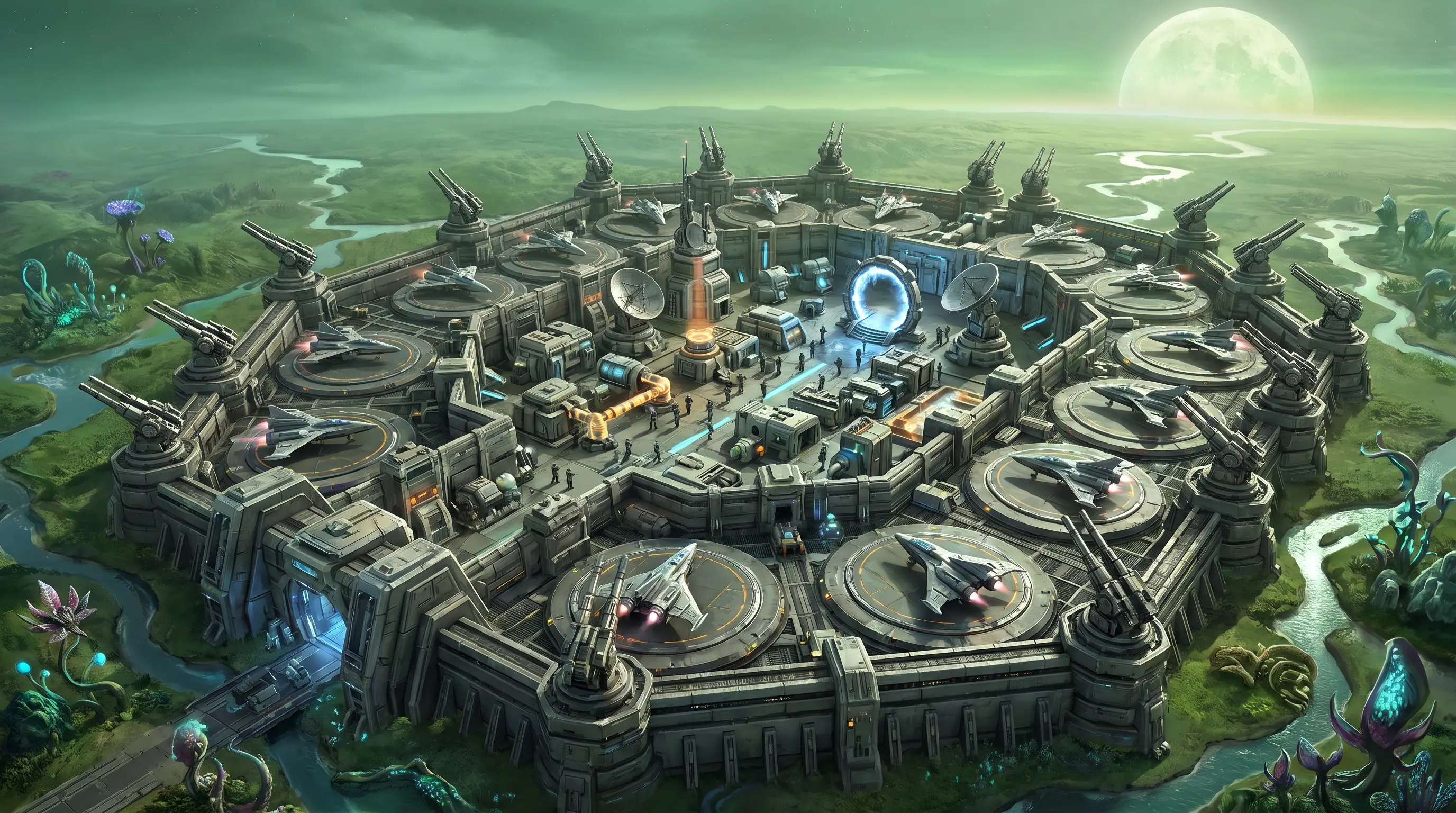Imponente base militare sci‑fi su un mondo di frontiera alieno