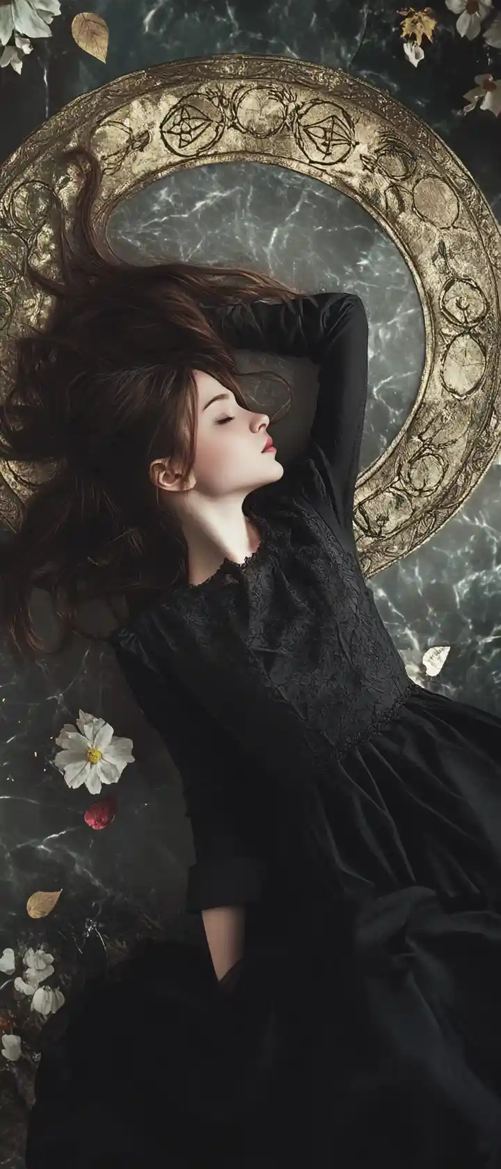 Girl on glowing sacrificial altar in dark fantasy scene