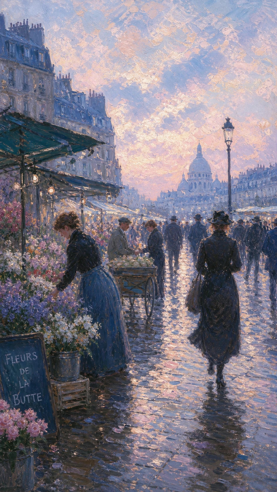 Mercado de rua da cidade ao amanhecer em pintura impressionista suave
