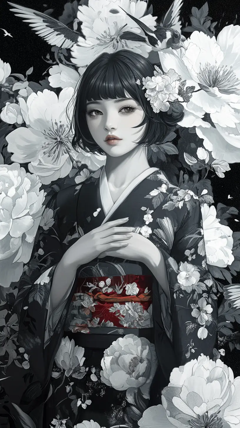 身穿黑色花卉和服的優雅動漫女子肖像