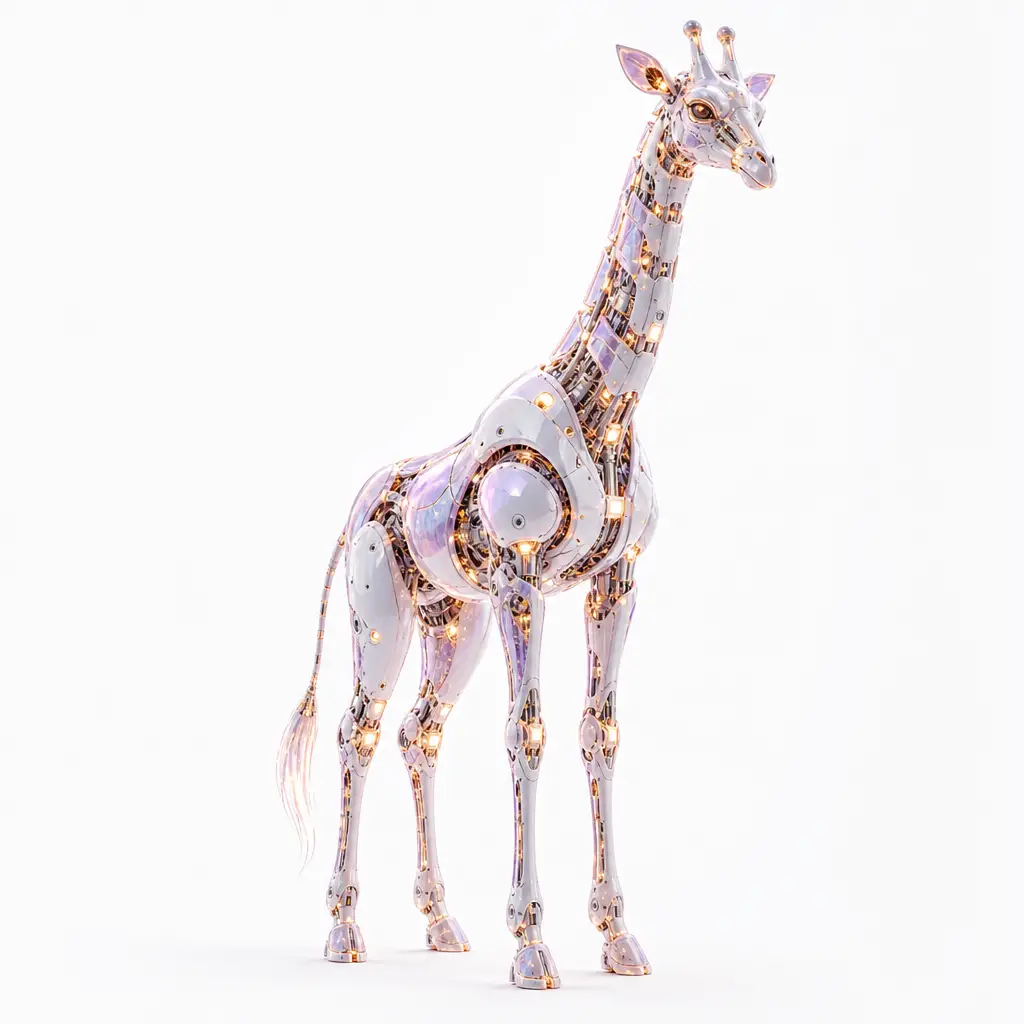 Majestic biomechanical giraffe in pristine white studio