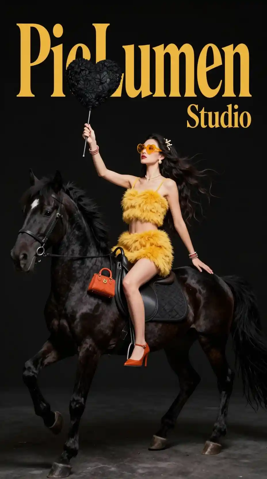 Surreal fashion woman riding black horse on dark stage