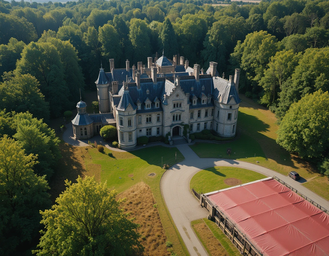 Vista aérea de um castelo gótico isolado na floresta