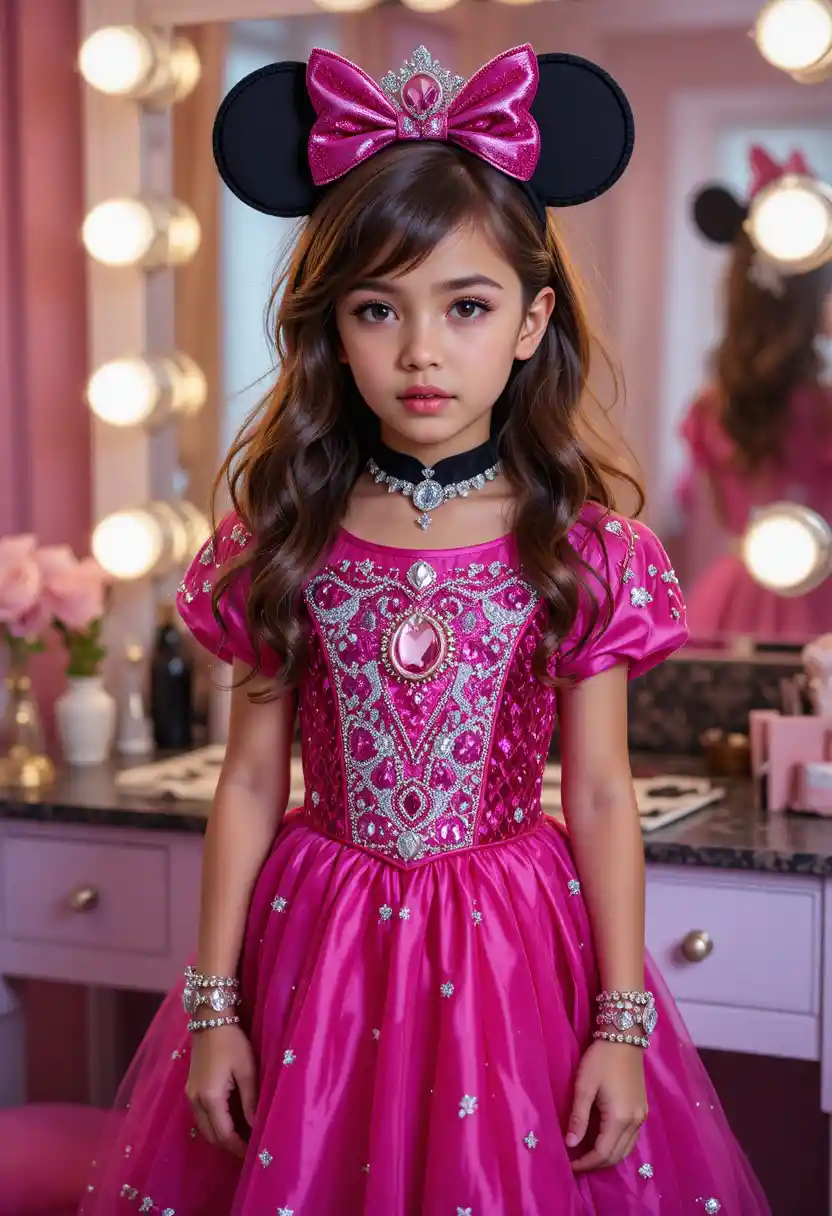 Ragazzino con vestito rosa di Minnie al mobile del bagno