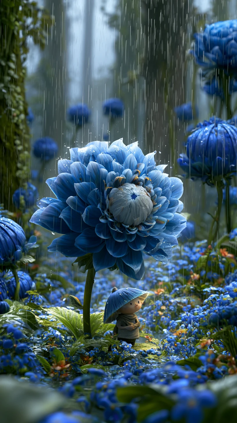 Tiny fantasy creature sheltering from rain under blue flower