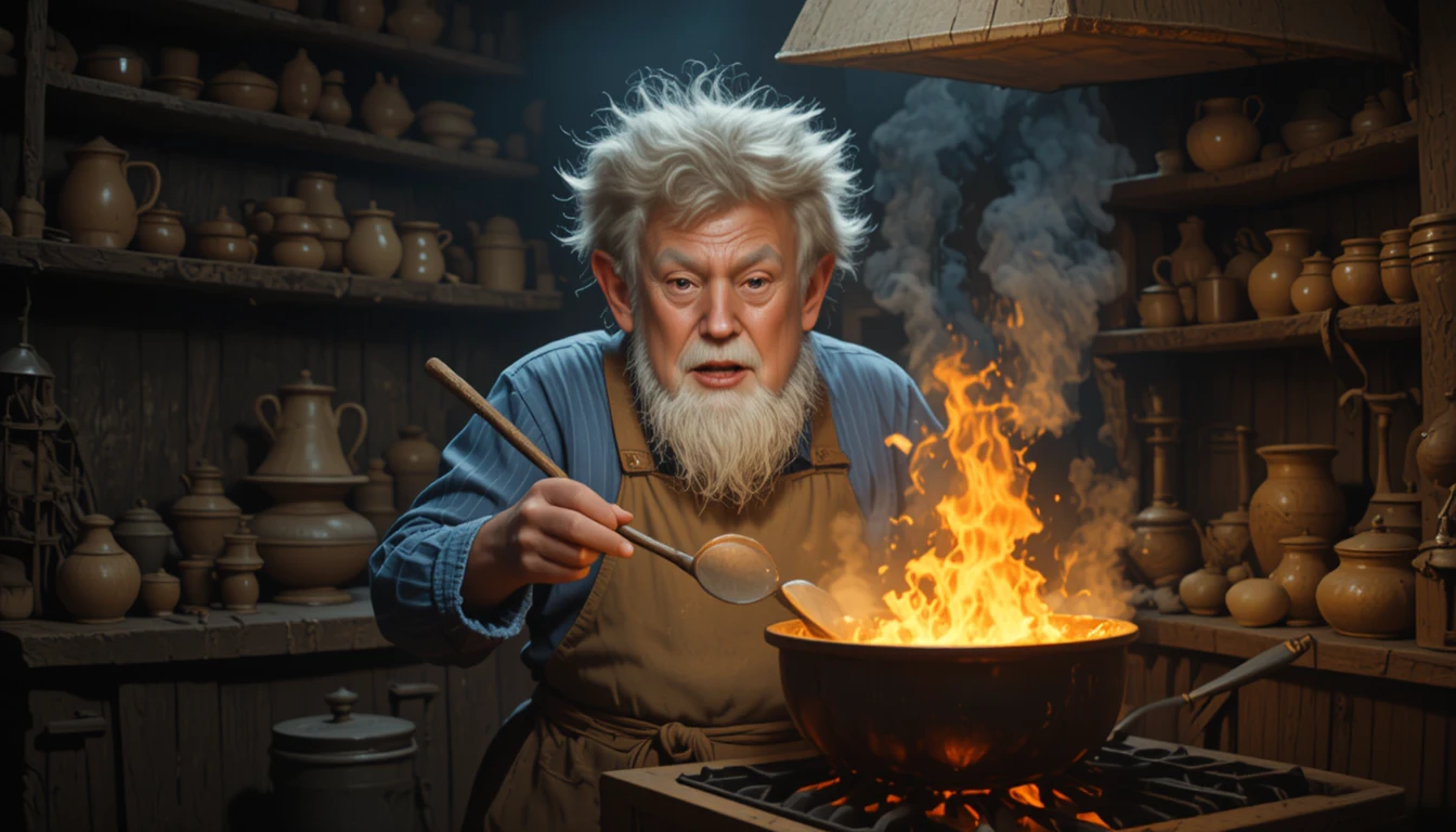 Chef gnome fantaisiste cuisinant au-dessus de flammes spectaculaires