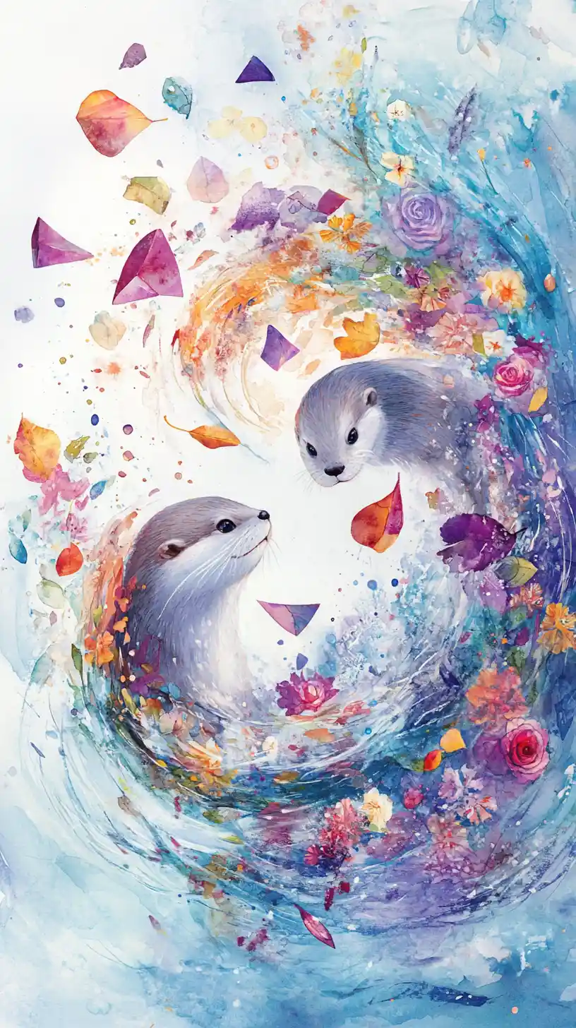 River otters arranging floating spirals into smiling faces