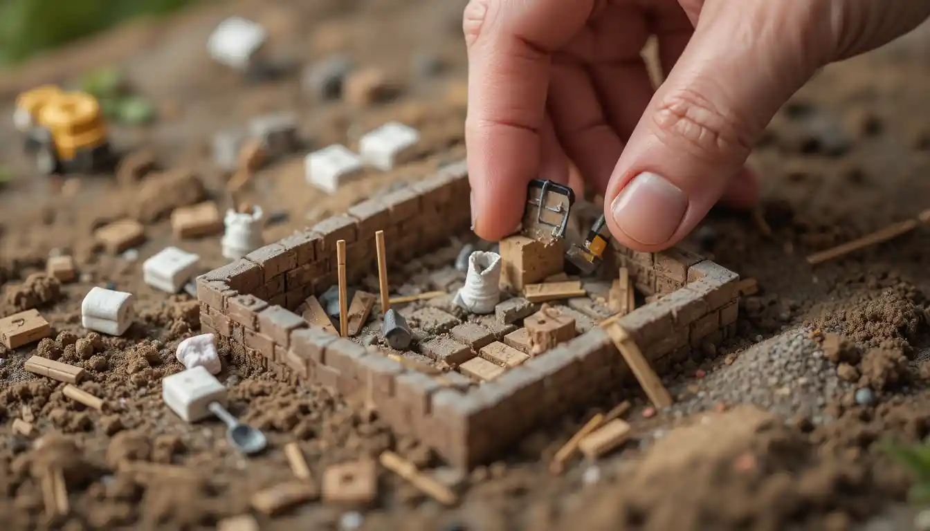 Macro view of human hands building tiny farmhouse foundation