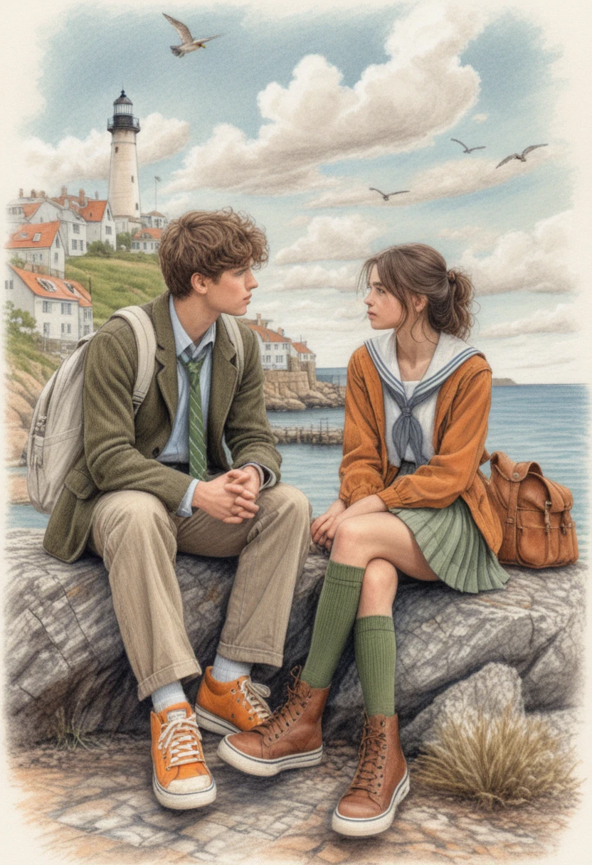 Ilustração de casal adolescente conversando em rocha costeira