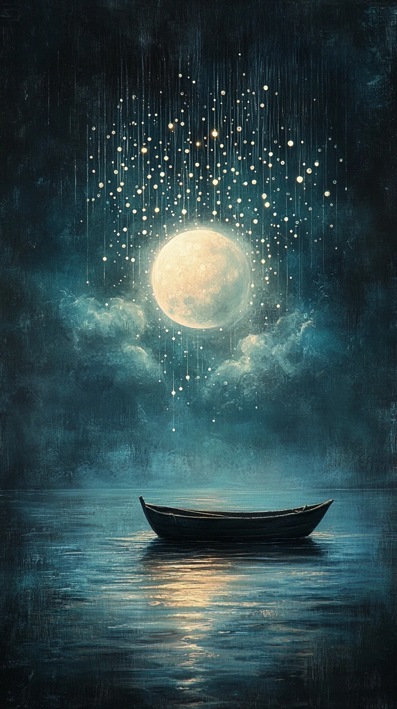 Luminous Moon Over Misty Lake With Lonely Drifting Boat