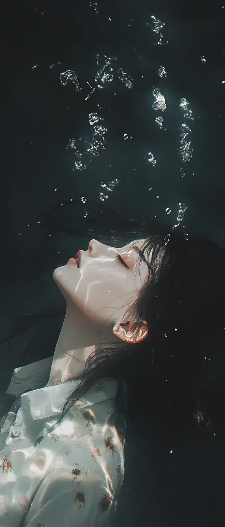 黑暗水中發光的空靈動漫女子