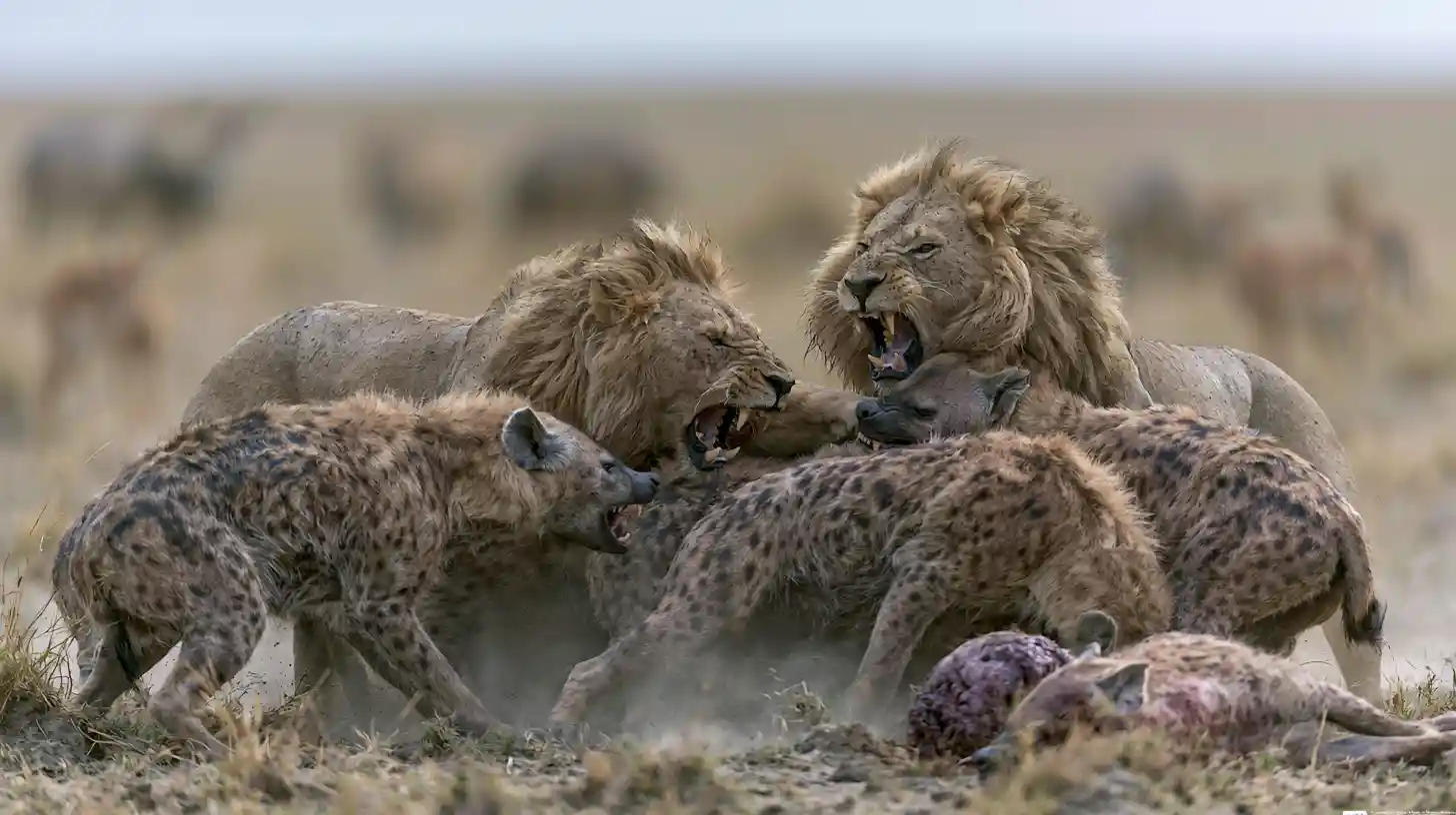 Two male lions fighting a pack of hyenas on savanna