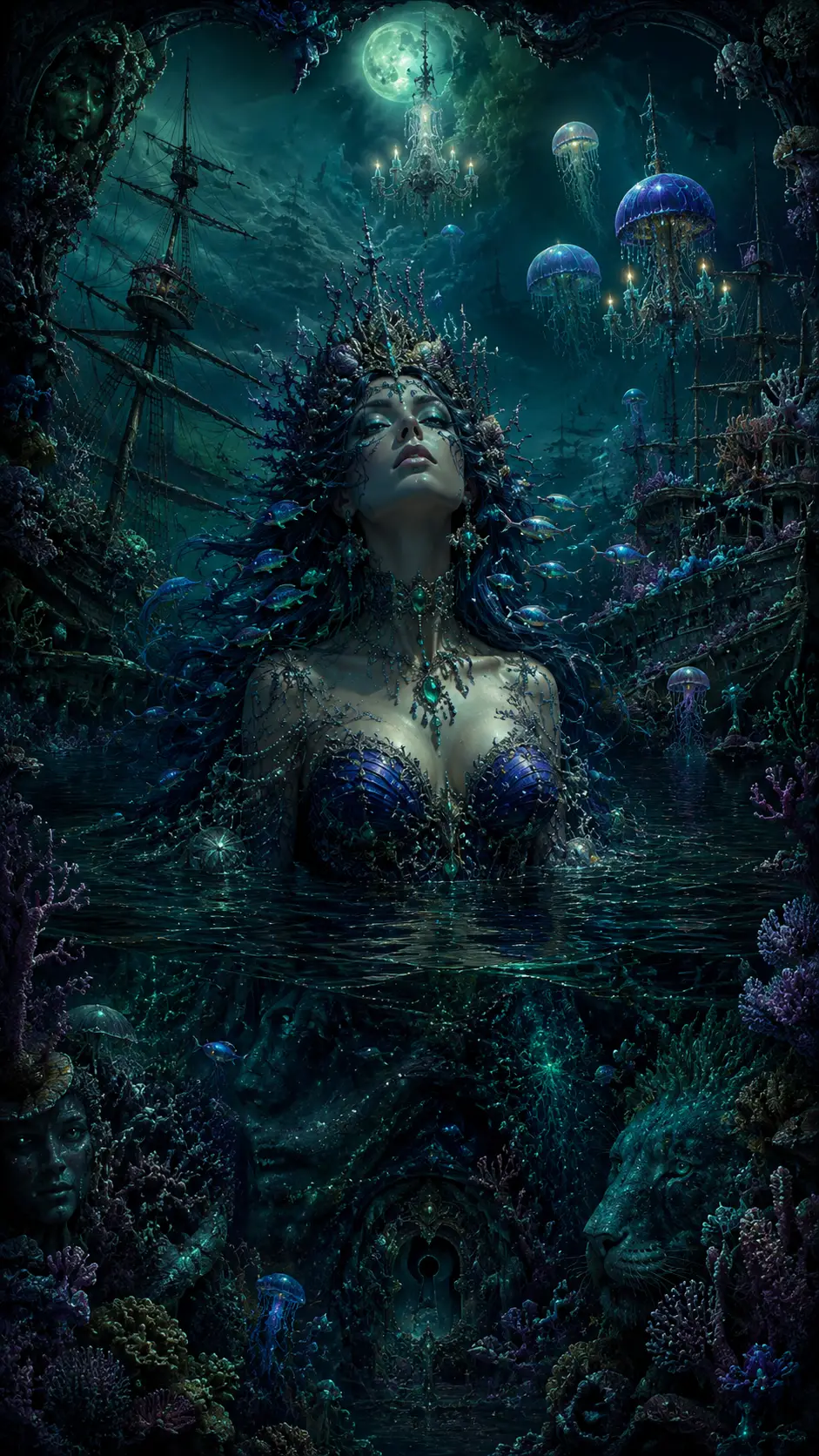 Sea queen rising from sunken ships and coral gardens