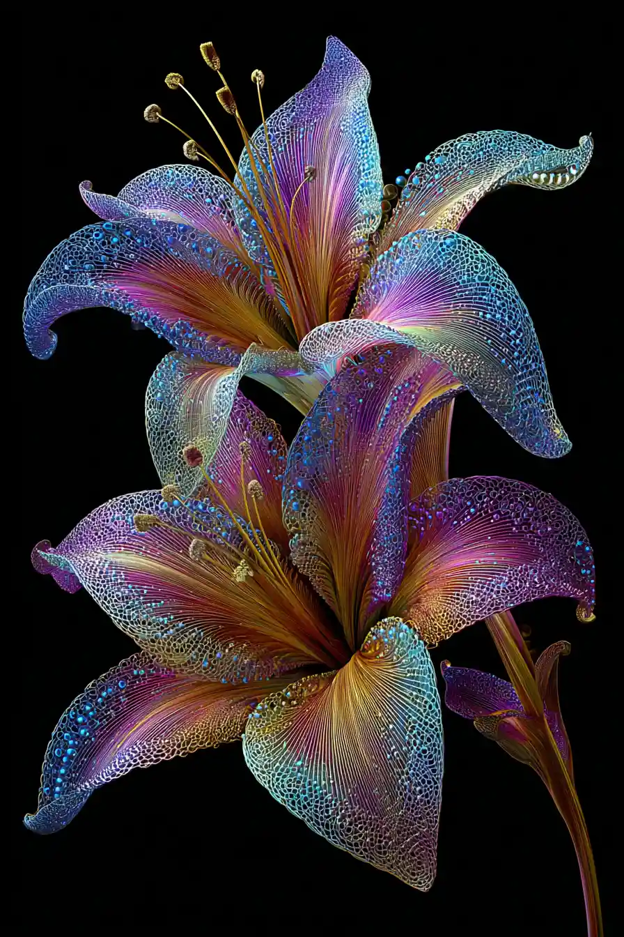 Ethereal fractal lily flower with luminous lace details