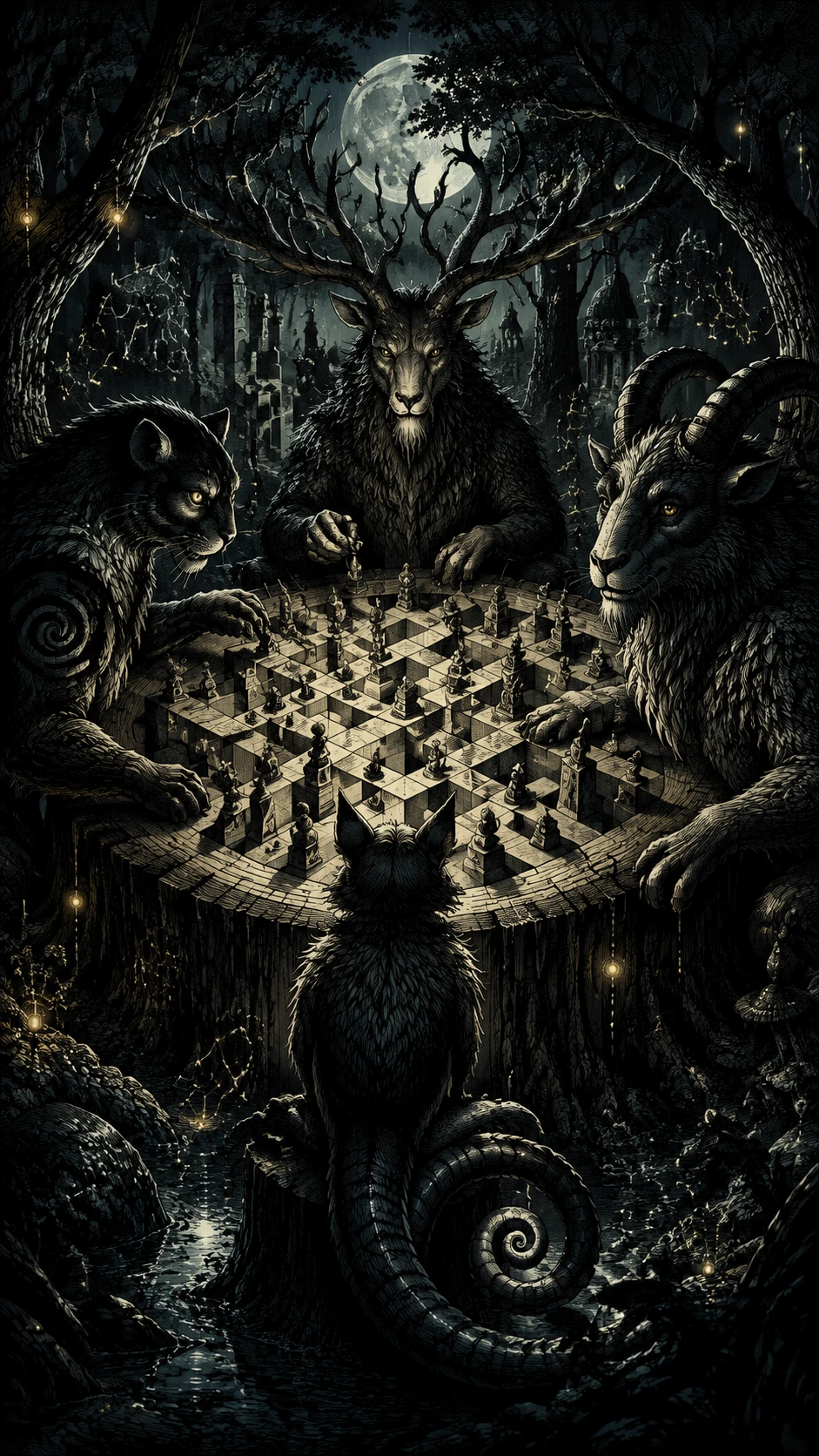 Enormi bestie fantasy riunite in una silenziosa foresta al chiaro di luna
