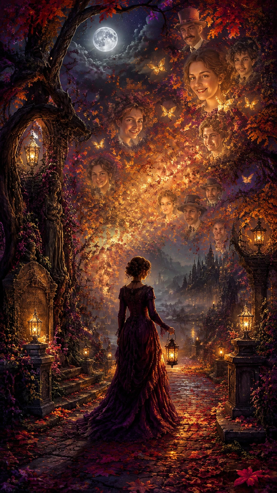 Moonlit fantasy forest with swirling autumn leaves
