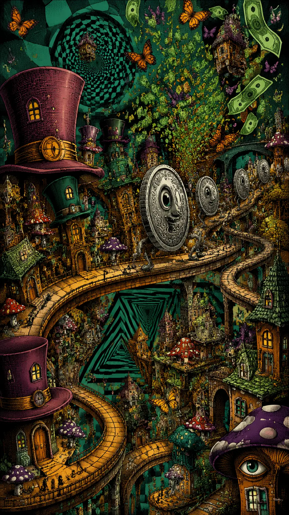 Surreal looping city of whimsical impossible architecture