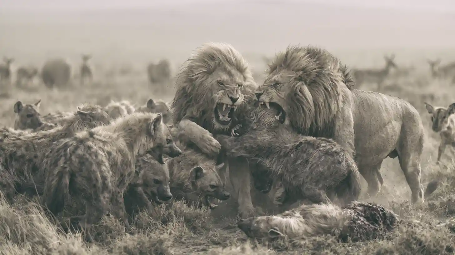 Two male lions battling a pack of hyenas