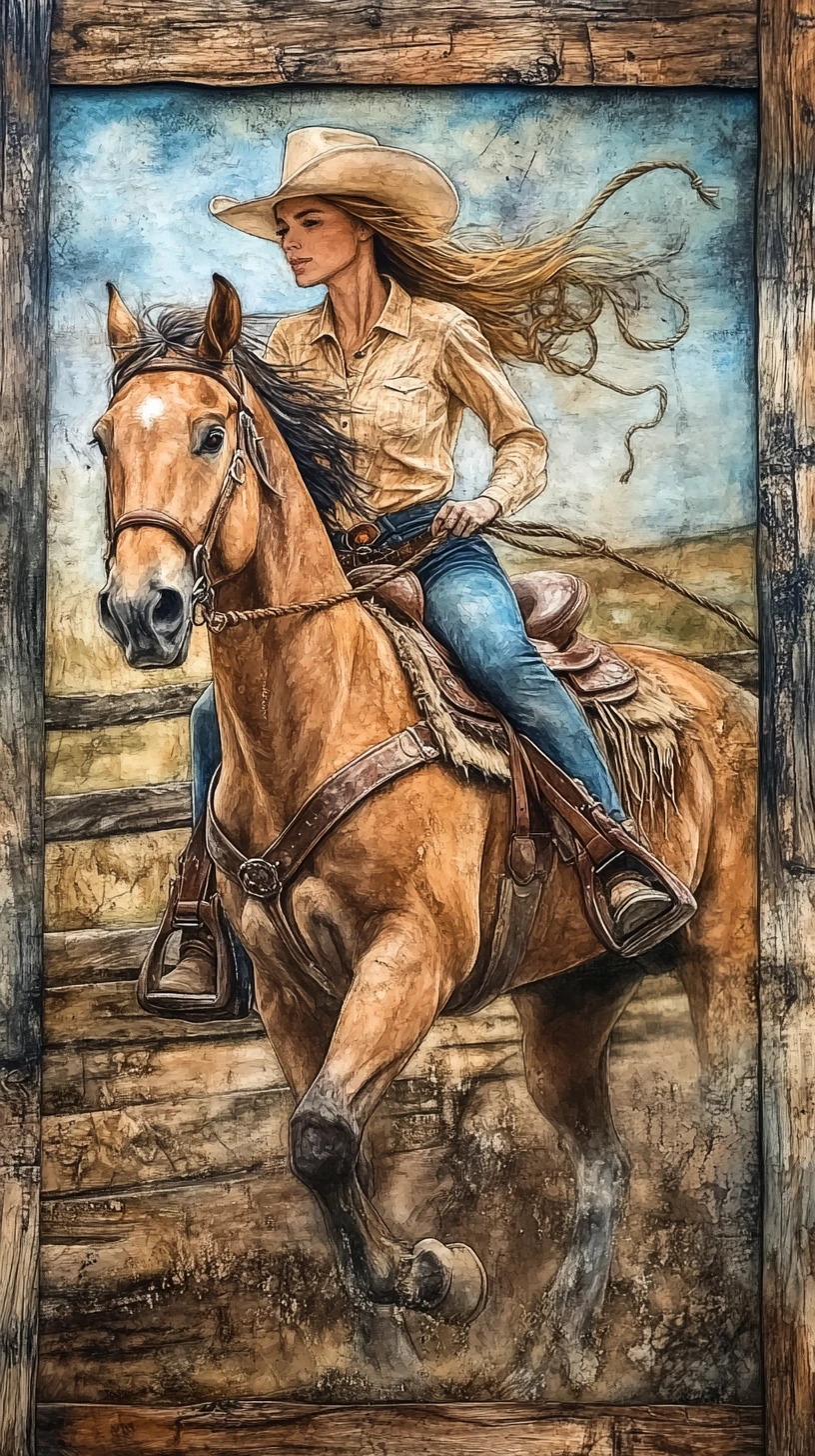 Pintura em aquarela de uma mulher cavalgando ao ar livre