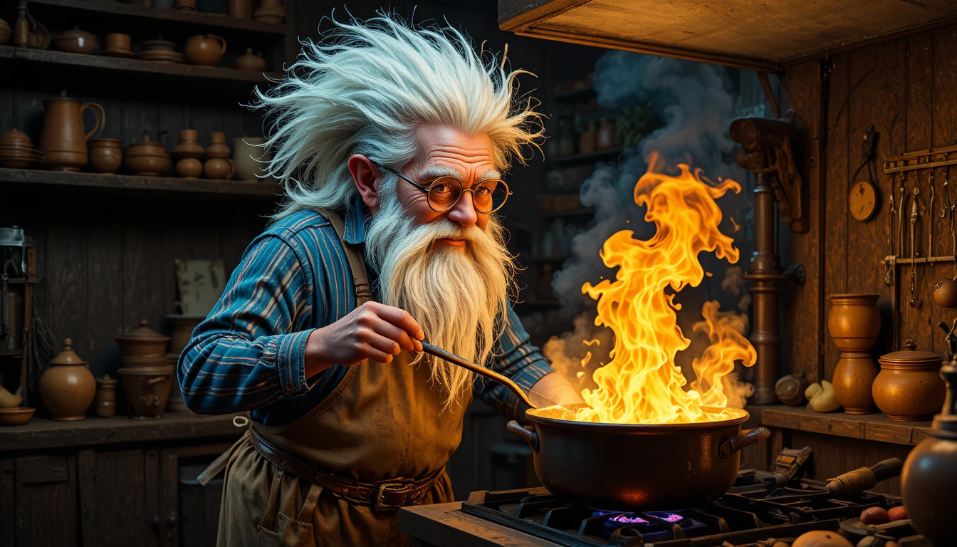 Simpatico chef gnomo che cucina su una stufa rustica fiammeggiante