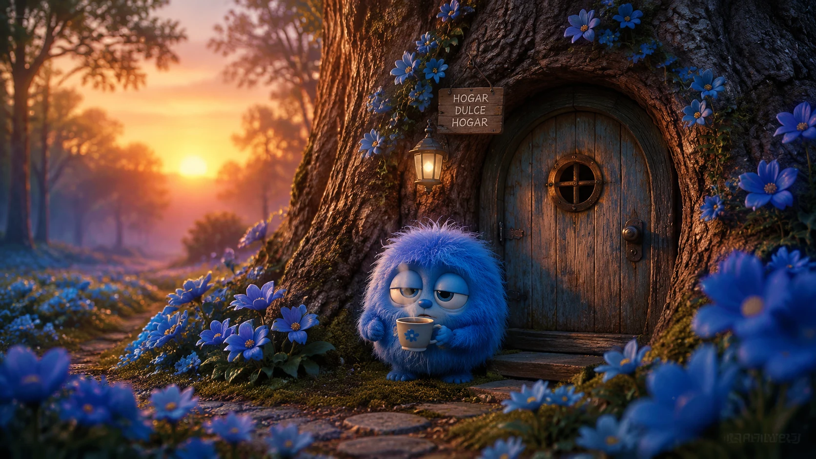 Piccola creatura blu pelosa con caffè in una foresta di fiori