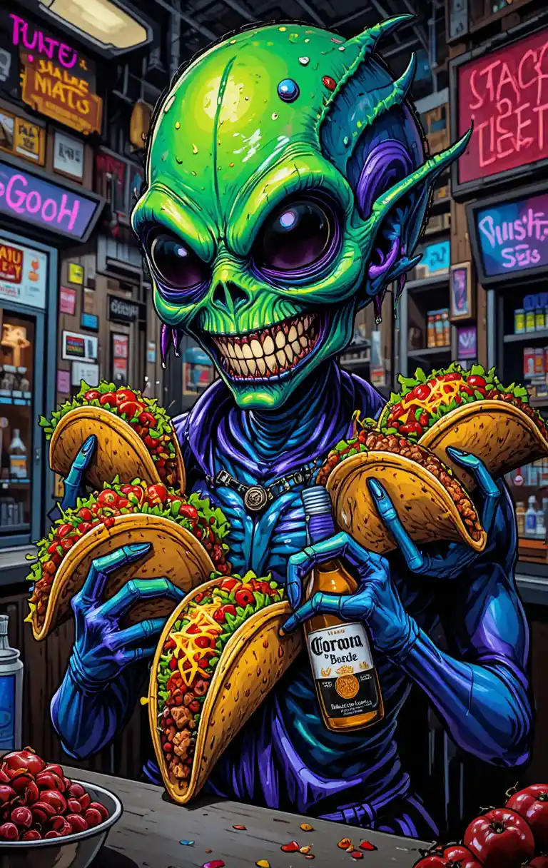 Alieno metallico che tiene dei taco in un fast food