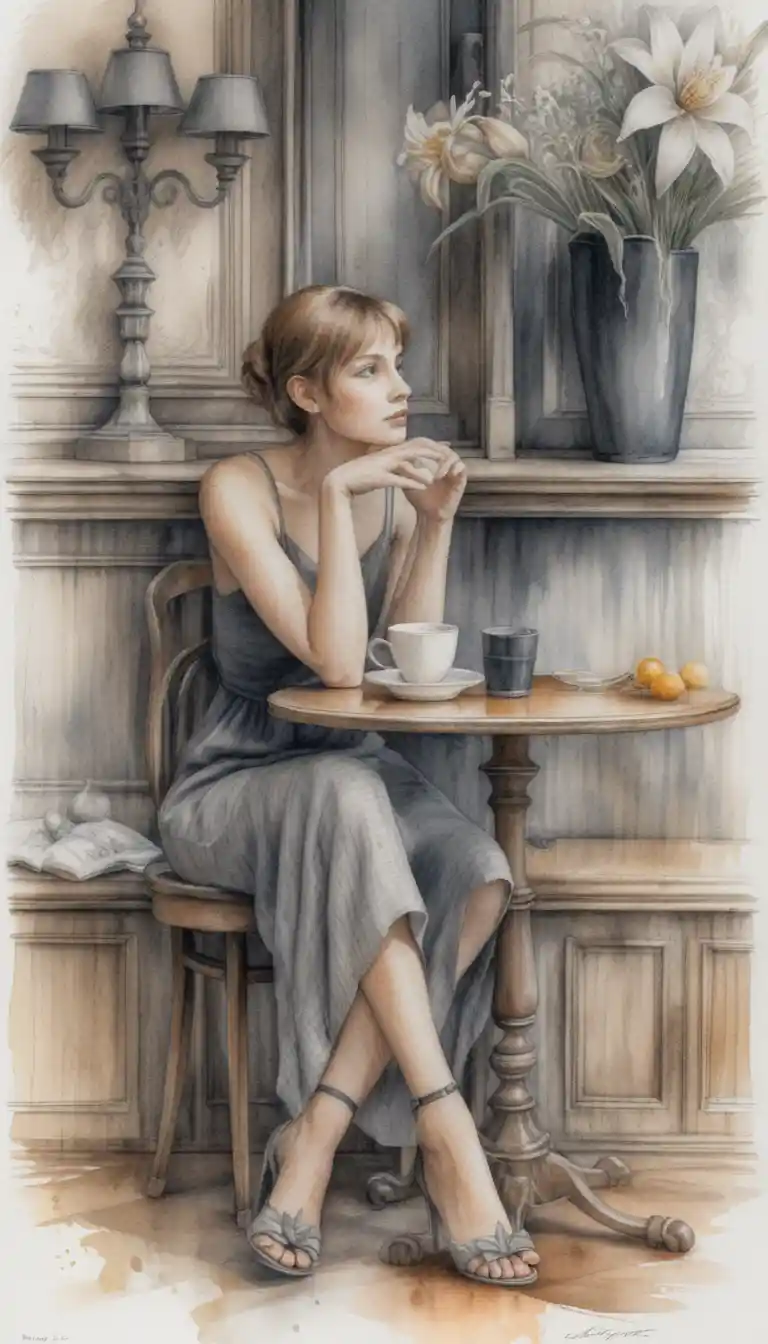 Junge Frau mit Kaffee in einer grafitgrauen Café-Szene