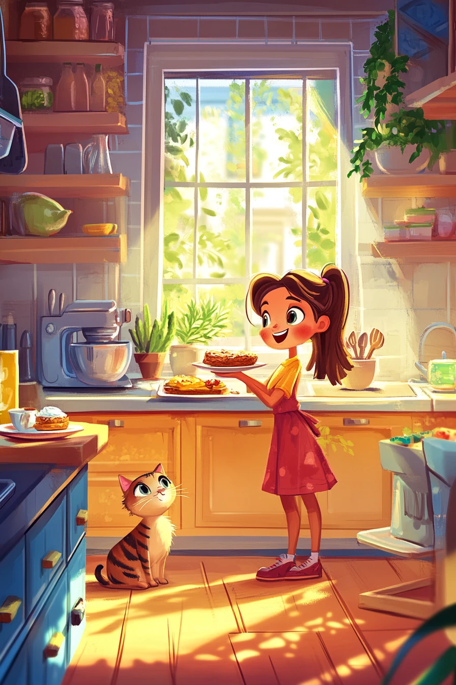 Illustration ludique d’une adorable fille et d’un chat au petit-déjeuner