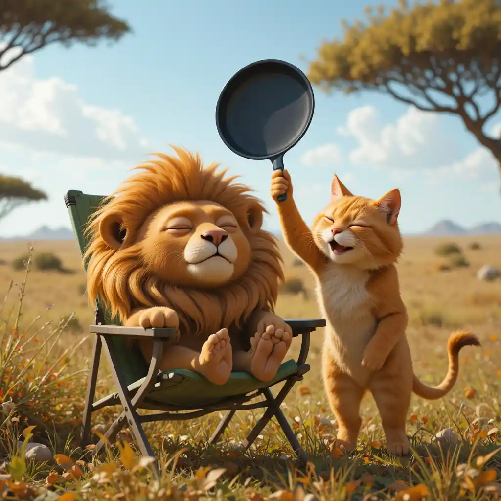 Playful cat pranks sleeping lion in sunny savannah