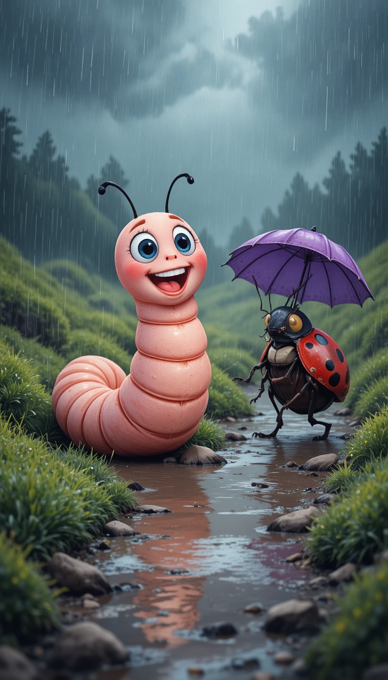 Cartoon worm and ladybug walking in rainy garden