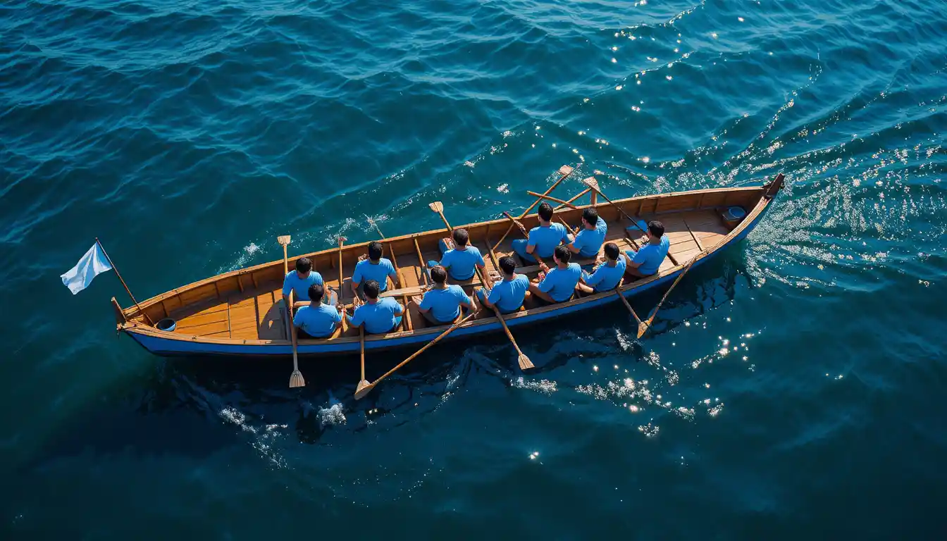 Rowboat team rowing together on deep blue sea