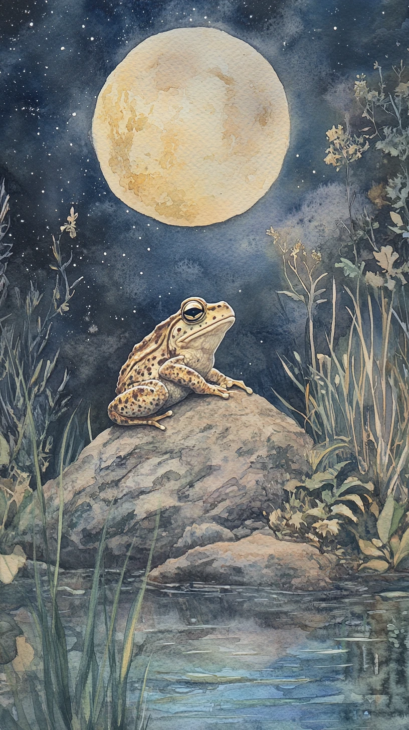 Crapaud à l’aquarelle sur un rocher au bord d’un étang au clair de lune