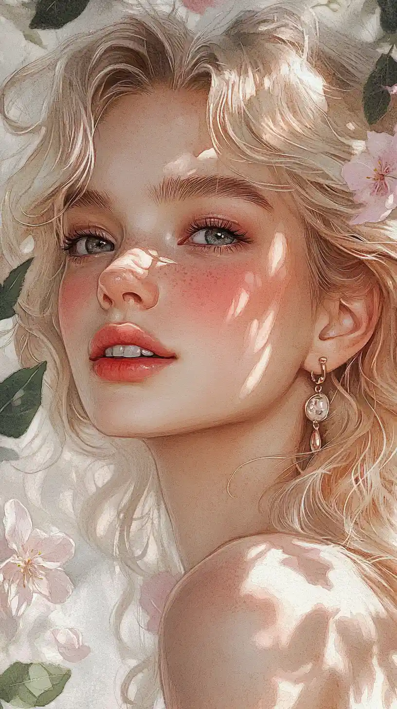 Watercolor portrait of a shy blonde girl in garden