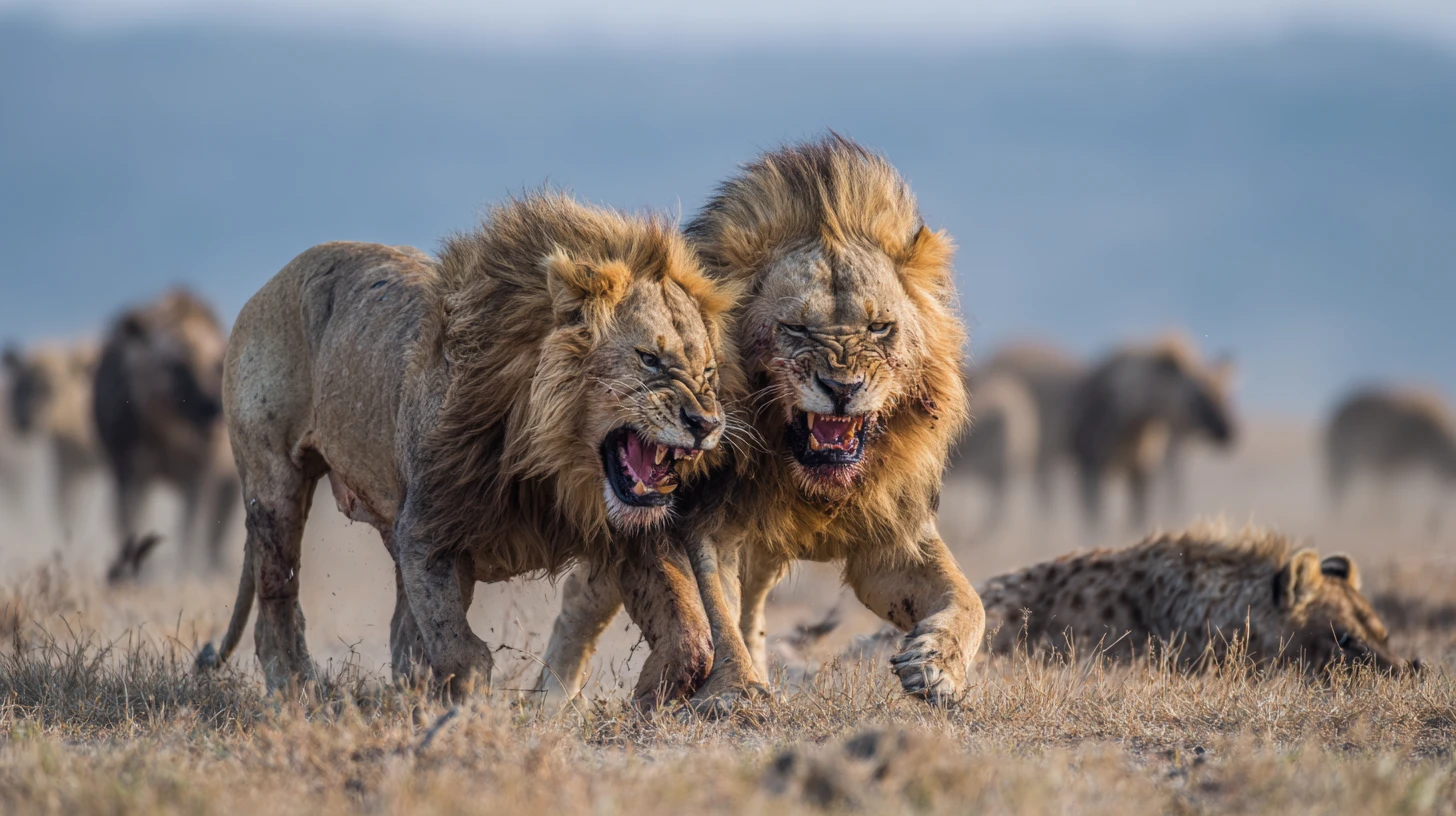 Two male lions fighting a pack of hyenas