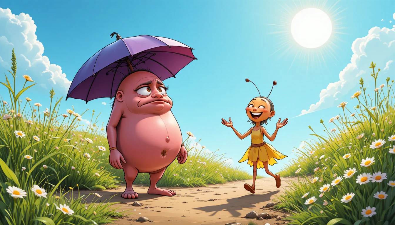 Ver de dessin animé et coccinelle marchant dans un champ ensoleillé