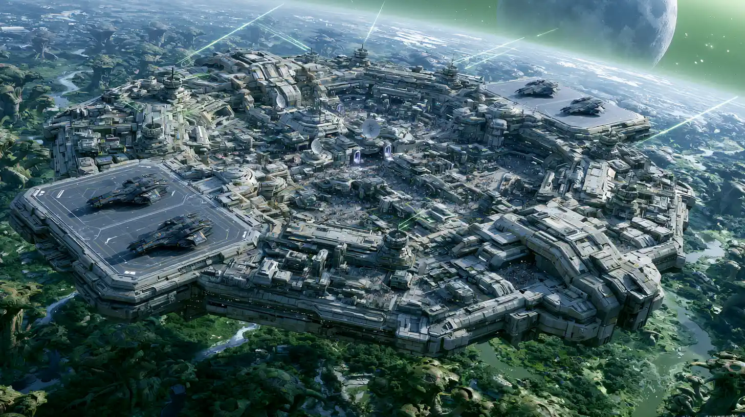 Massive sci fi forward space defense base on alien world