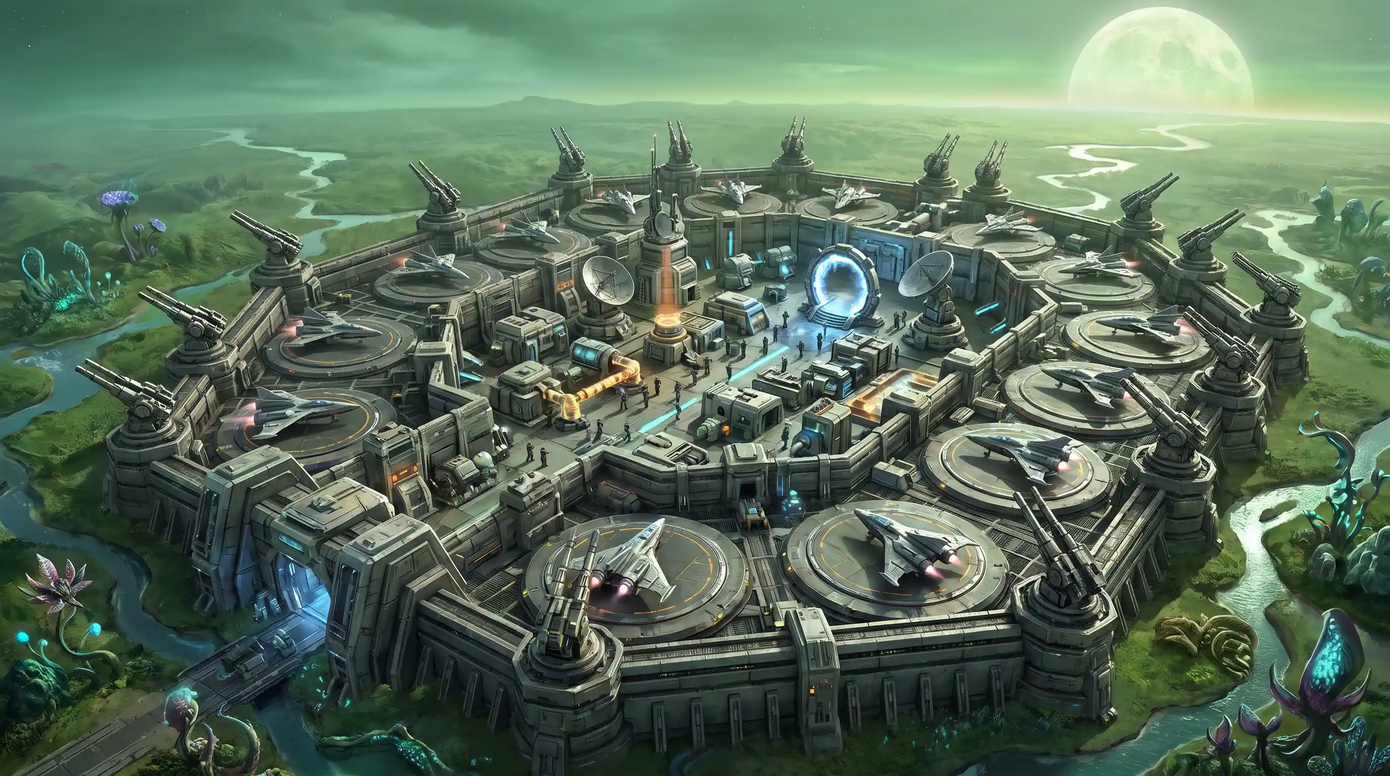 Imponente base militare sci‑fi su un mondo di frontiera alieno