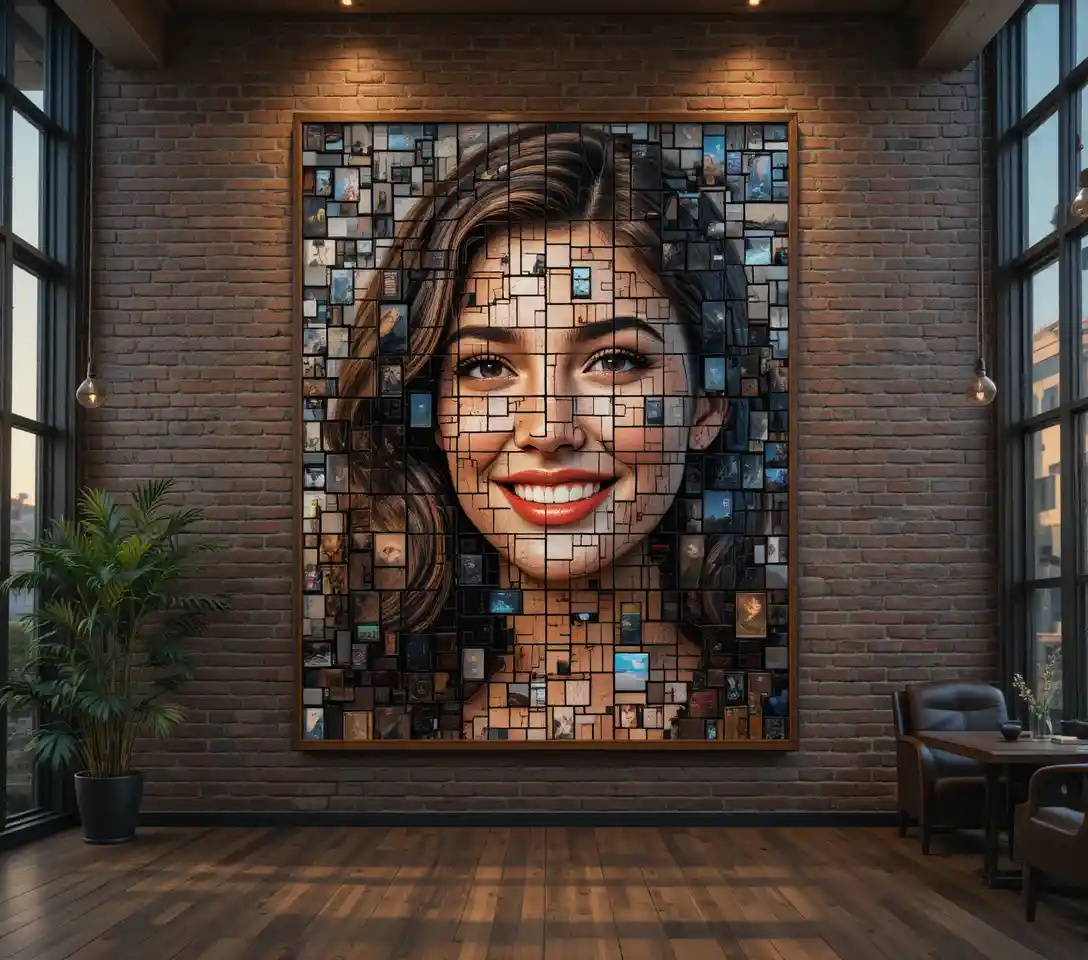 Mosaico di interni moderni con ritratti luminosi su smartphone