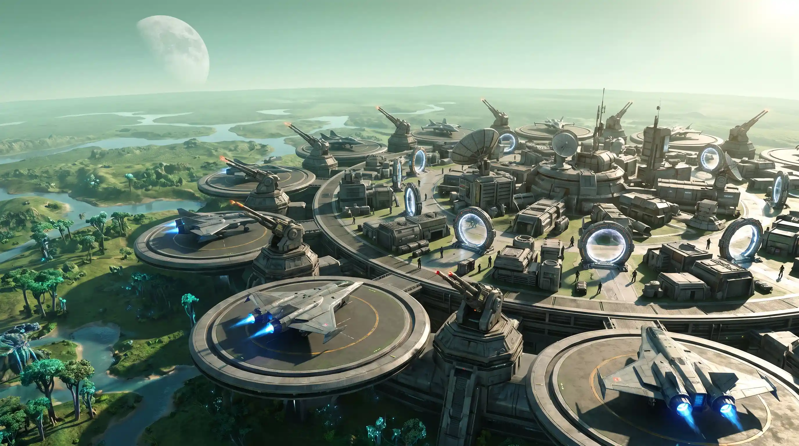 Vast Space Defense Base On A Lush Alien Planet