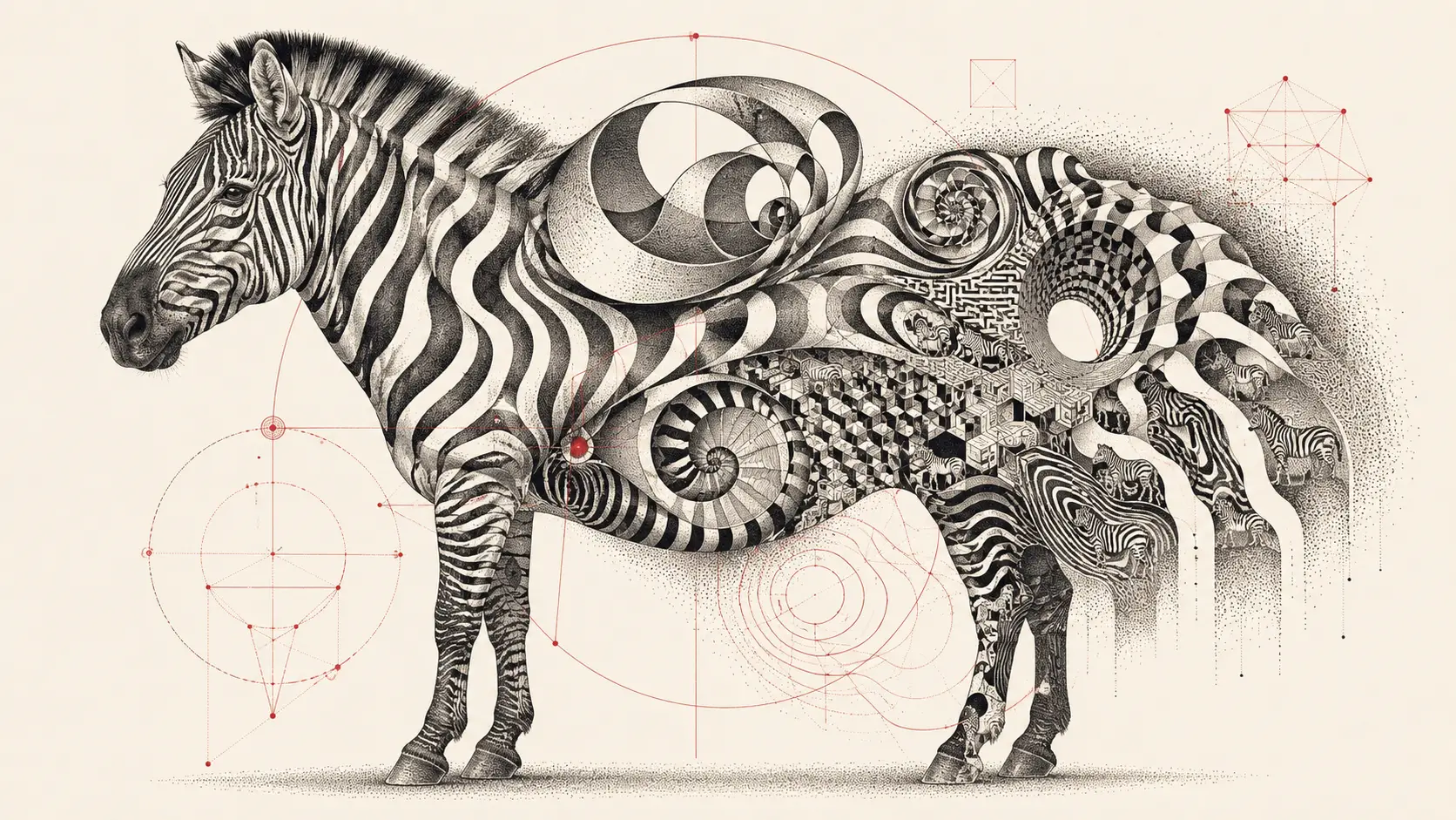 Zebra vor minimalistischem Hintergrund mit surrealen geometrischen Streifen